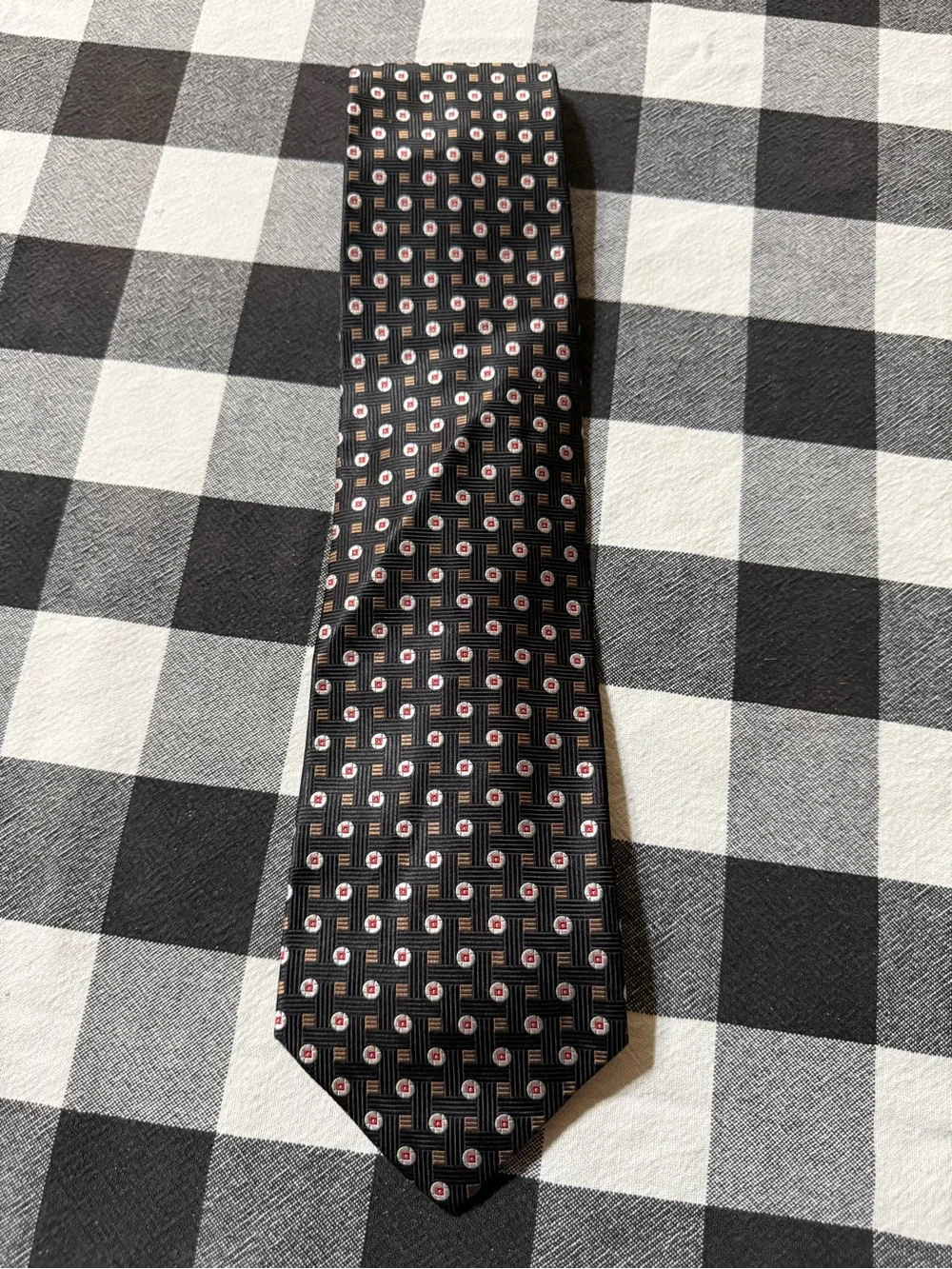 Geoffrey Beene Black Tie with Red and White Dot Squares